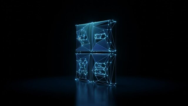 3d rendering seamless loop 4k rotation wireframe neon glowing symbol of basic number operations of calculator with shining dots on black background with blured reflection on floor
