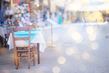 abstract blurred background street cafe in the city, no people, empty, summer restaurant quarantine