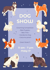 Promo poster template Dog Show flat vector illustration. A lot of different dogs breeds around place for your text. Funny domestic animals or purebred pets