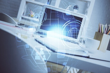 Computer on desktop with social network hologram. Double exposure. Concept of international people connections.