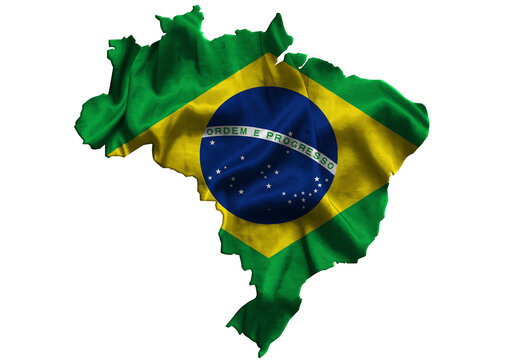 recommend clip art: Waving textile flag of Brazil fills country map. White isolated background, 3d illustration.