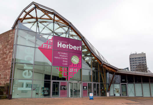 Coventry, West Midlands, UK - April 7, 2018: Entrance to Herbert art gallery and museum in Coventry on a cloudy day