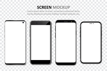 Set of four different smartphones with blank screen. Mock up of smartphones. Collection of smartphones with blank screen