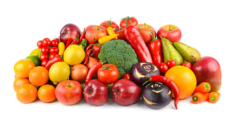 Delicious and healthy vegetables and fruits isolated on white