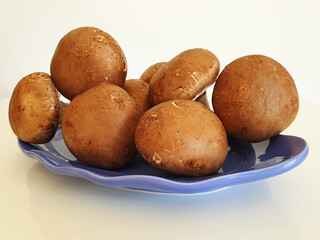 Brown mushrooms or Cremini in a blue plate on a white background.