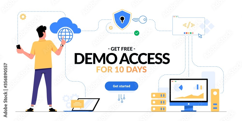 Wall mural get free demo access to saas, paas or iaas promotional advertising banner. man looking on cloud comp