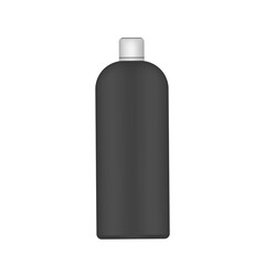Black plastic bottle with a white cap. Realistic bottle. Good for shampoo or shower gel. Isolated. Vector.