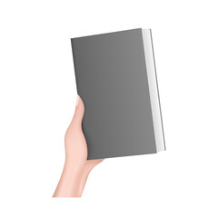 Hand holds a black book. Realistic 3d girl hand. Isolated. Vector.