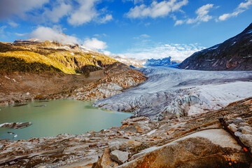 Naklejka premium Great sunny day in the Alpine valley. Location place of Bernese Alps, Rhone glacier, Swiss alps.