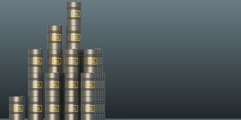 Barrels Oil black metal color with yellow text paint 3D illustration.