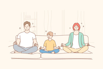 Family, yoga, meditation concept. Parents man dad and woman mom child kid son do morning yoga exercise meditating on couch at home. Fathers mothers day or healthcare and stress relief illustration.