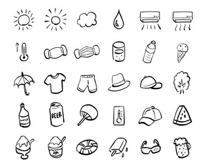 暑い夏をイメージするかき氷やエアコン等の手書きアイコン