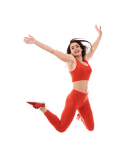 Young female fitness model on white