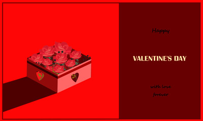 Valentine&rsquo;s day love greeting card with love forever. Roses in box heart paper cut pattern and ribbon. For Valentines, Mother&rsquo;s, Birthday or Wedding. Cover banner, template, event, postcard.