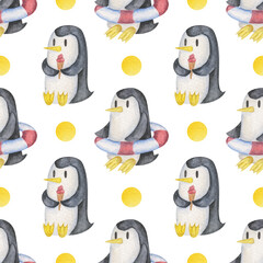 Seamless pattern with penguins and yellow drops. For textile, wrapping paper, swaddling clothes etc
