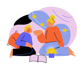 Mother showing miracles and reading book with little son in pillow house