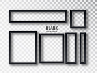 Set empty black picture frames. Blank black picture frames mockup template isolated on transparent background. Vector collection.