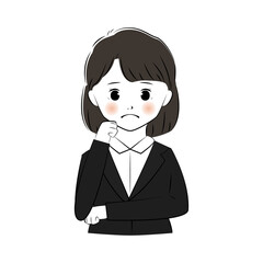 顎に手を当て悩んでいるスーツを着た女性のイラスト　(上半身)