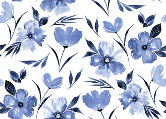 Hand Painting Abstract Watercolor Flowers and Leaves Repeating Pattern Isolated Background 