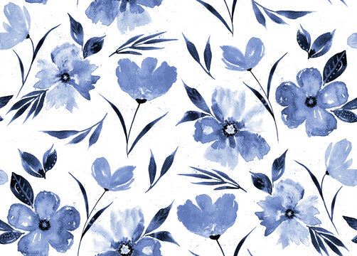 Hand Painting Abstract Watercolor Flowers and Leaves Repeating Pattern Isolated Background 