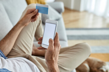 Close-up of a man using smart phone while home shopping.