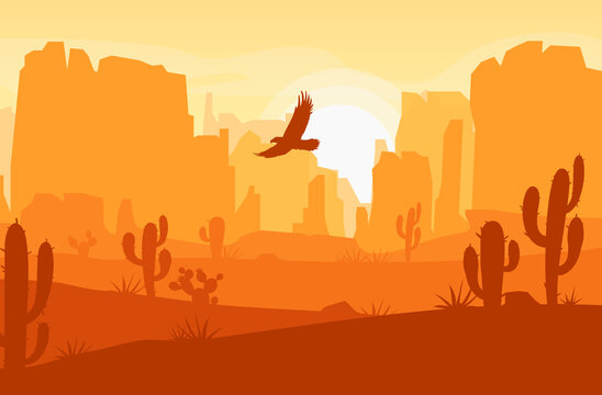 Vector desert landscape with mountains, cactus and eagle in the sky. Wild West Texas in flat cartoon style. Silhouette vector illustration.