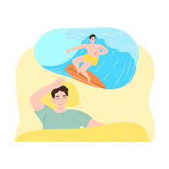 Fototapeta premium Boy slepping and seing himself watersurfing on waves in night dream
