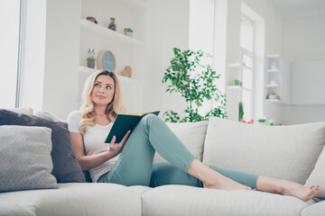 Profile photo of domestic house wife lady relaxing lying comfy couch stay home quarantine time reading book dreamer imagine herself main hero character living room indoors
