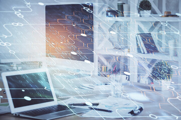 Multi exposure of computer on background and technology theme drawing. Concept of innovation.