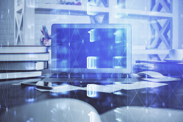 Technology theme drawing and work space with computer. Double exposure. Concept of innovation.