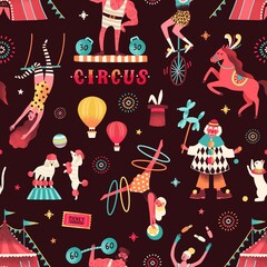 Colorful circus performers demonstrate tricks seamless pattern. Funny clown, strongman, acrobats, trained animals, trapeze artist, hooper and juggling unicyclist vector flat illustration © Good Studio