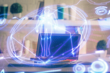 Desktop computer background and education theme drawing. Double exposure. Study concept.