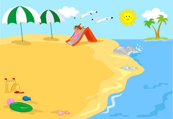 Fototapeta na wymiar Child happily playing on the beach, vector illustration scenery