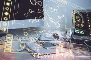 Technology theme drawing and work space with computer. Multi exposure. Concept of innovation.
