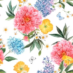 Rolgordijnen Beautiful vector seamless pattern with watercolor pink peony, blue hydrangea and lilac summer flowers and butterflies. Stock floral illustration. © zenina