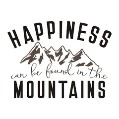 'Happiness can be found in the Mountains' text with a mountain logo