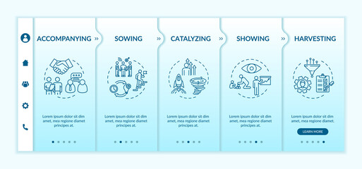 Naklejka premium Mentoring progress onboarding vector template. Accompanying student. Professional trainer to help at work. Responsive mobile website with icons. Webpage walkthrough step screens. RGB color concept