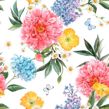 Beautiful vector seamless pattern with watercolor pink peony, blue hydrangea and lilac summer flowers and butterflies. Stock floral illustration.