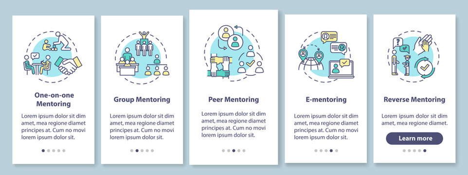 Types Of Mentoring Onboarding Mobile App Page Screen With Concepts. Group And Peer To Peer Teaching Walkthrough 5 Steps Graphic Instructions. UI Vector Template With RGB Color Illustrations