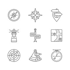 Navigation pixel perfect linear icons set. Customizable thin line contour symbols. Marine, aeronautic, celestial and land navigation. Isolated vector outline illustrations. Editable stroke