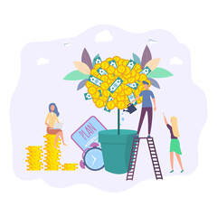 Little people water the money tree. Young entrepreneurs invest in a business project, financial services, small bankers work, save or accumulate money. Colorful vector illustration.
