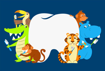 Vector illustration of tiger, hippo, crocodile, toucan, monkeys brushing their teeth. Illustration of cartoon laughing and smiling animals with healthy strong teeth  