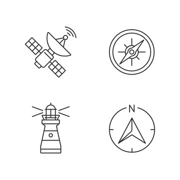 Navigation pixel perfect linear icons set. Customizable thin line contour symbols. Satellite, marine compass, lighthouse and navigator arrow. Isolated vector outline illustrations. Editable stroke