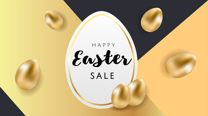 Fototapeta na wymiar Happy Easter luxury banner background template with beautiful golden eggs on black and gold geometric background. Happy Easter greeting card. Vector illustration