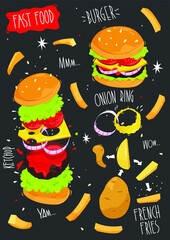 Fast Food. Burger, onion Ring, ketchup, french fries, potato. Vector illustration