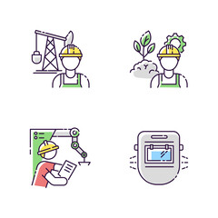 Engineer job RGB color icons set. Petroleum extraction worker. Environmental engineering. Project management for factory work. Welder mask for labor safety. Isolated vector illustrations