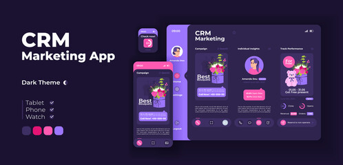 Online marketing service app screen vector adaptive design template. Engagement analysis. CRM application night mode interface with flat characters. Smartphone, tablet, smart watch cartoon UI