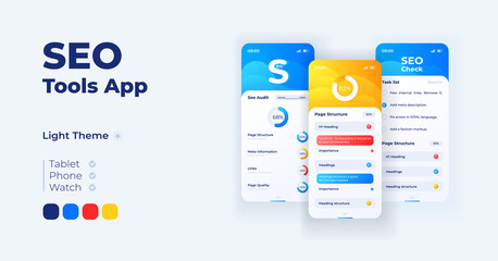 Seo for marketing cartoon smartphone interface vector templates set. Mobile app screen page day mode design. Search engine optimization UI for application. Phone display with flat character