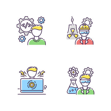Engineer profession RGB color icons set. Computer software developer. Nuclear production worker. Stress testing. Biomedical specialist. Heavy manufacturing production. Isolated vector illustrations