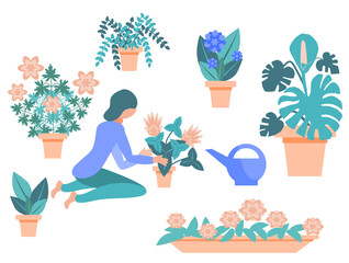 Happy young girl take care of indoor plants. Home hobby.  A woman enjoys domestic activity. A female character in a flat style replants flowers in the house. Vector illustration in cartoon style.